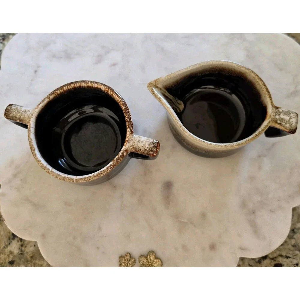 Vintage Pfaltzgraff Gourmet Brown Drip Stoneware Creamer & Sugar Bowl 22 24 USA